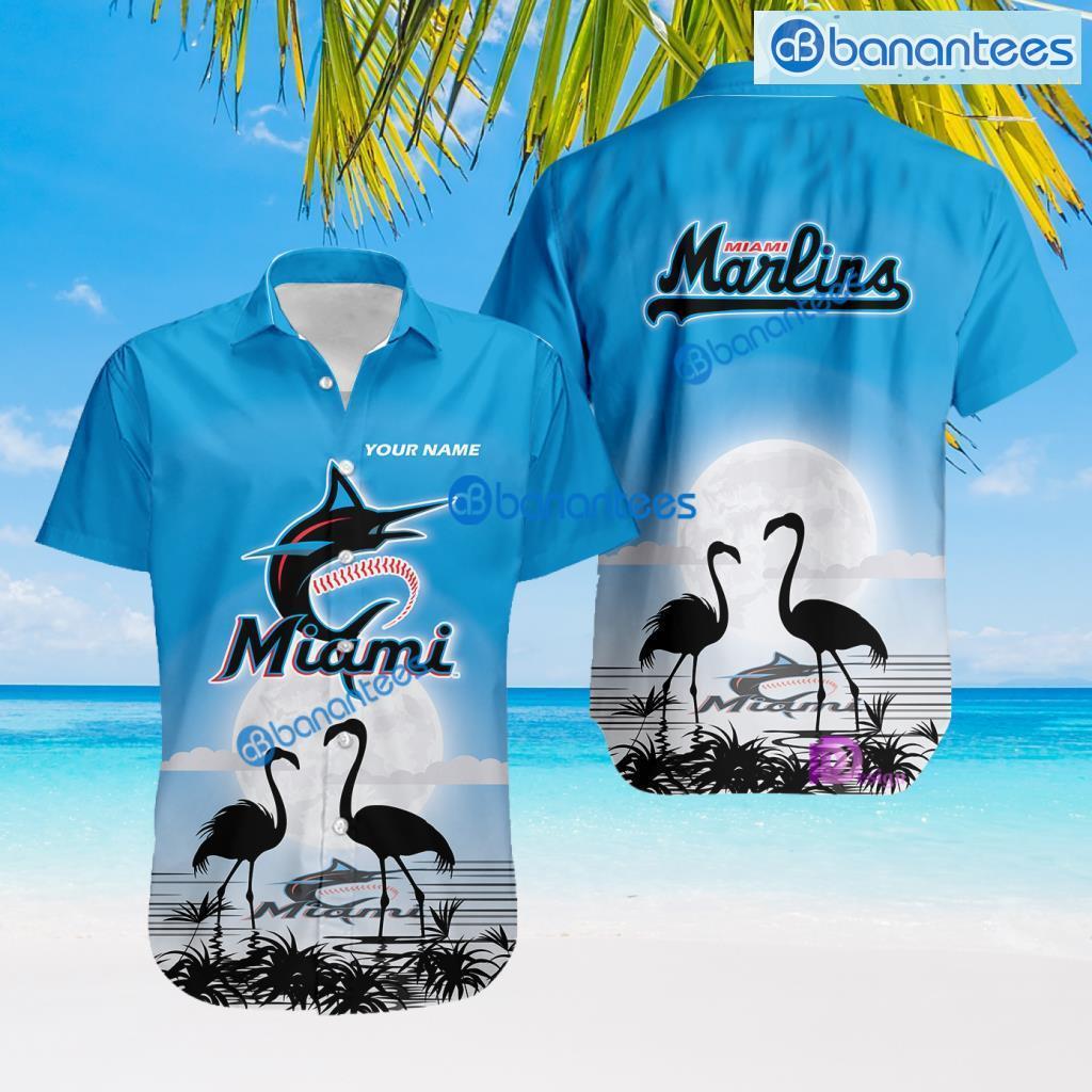 Miami Marlins MLB Baseball Team With Flamingo Moon Pattern Button Down Hawaiian Shirt For Big Fans Custom Name Product Photo 1