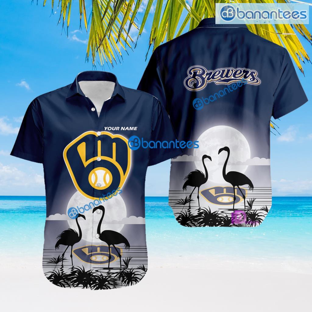 Milwaukee Brewers MLB Baseball Team With Flamingo Moon Pattern Button Down Hawaiian Shirt For Big Fans Custom Name Product Photo 1