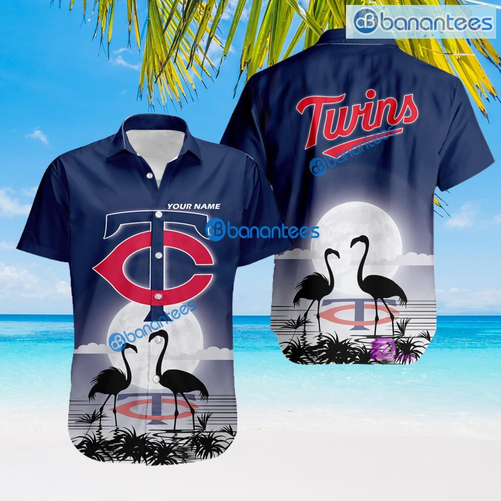 Minnesota Twins MLB Baseball Team With Flamingo Moon Pattern Button Down Hawaiian Shirt For Big Fans Custom Name Product Photo 1