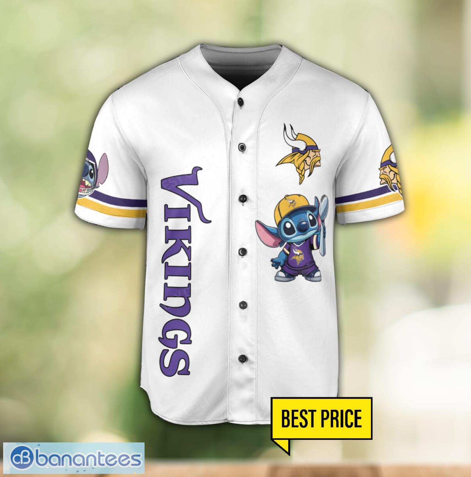 minnesota vikings lilo and stitch champions white baseball jersey shirt for fans unique gift custom name number 1 image Minnesota Vikings Lilo and Stitch Champions White Baseball Jersey Shirt For Fans Unique Gift Custom Name Number Product Photo 2