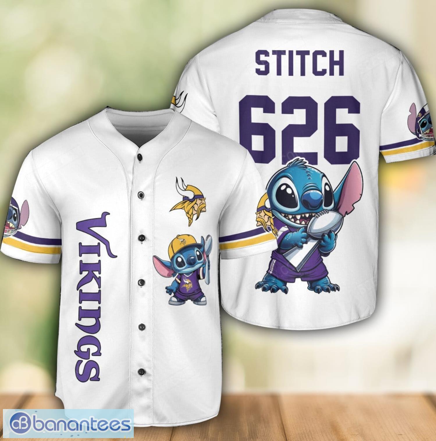 minnesota vikings lilo and stitch champions white baseball jersey shirt for fans unique gift custom name number image Minnesota Vikings Lilo and Stitch Champions White Baseball Jersey Shirt For Fans Unique Gift Custom Name Number Product Photo 1
