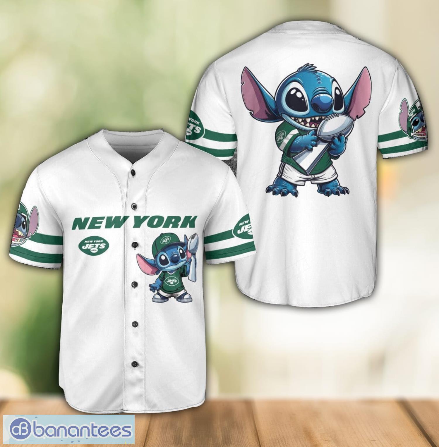new york jets lilo and stitch white baseball jersey shirt for stitch lover image New York Jets Lilo and Stitch White Baseball Jersey Shirt For Stitch Lover Product Photo 1
