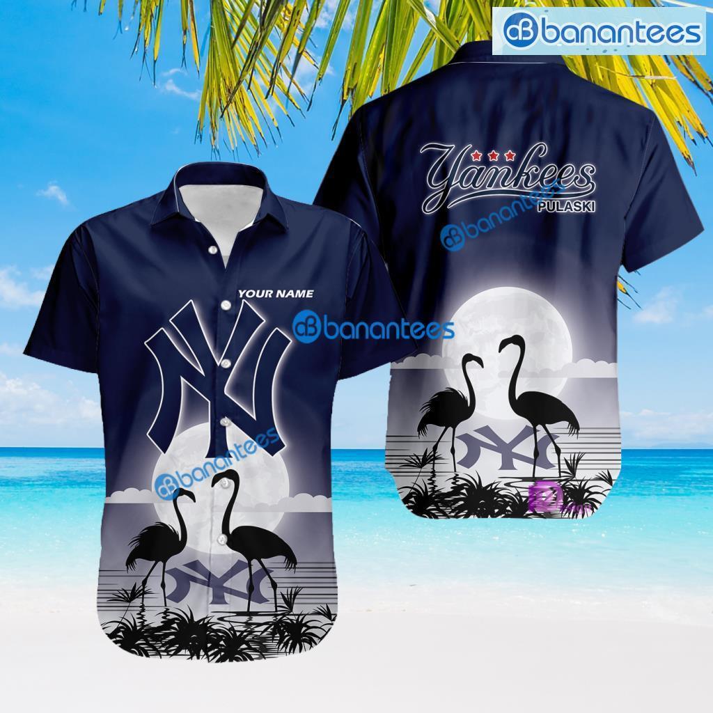 New York Yankees MLB Baseball Team With Flamingo Moon Pattern Button Down Hawaiian Shirt For Big Fans Custom Name Product Photo 1