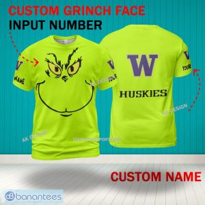 Grinch Face Washington Huskies 3D Hoodie, Zip Hoodie, Sweater Green AOP Custom Number And Name - Grinch Face NCAA Washington Huskies 3D Shirt