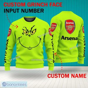 Grinch Face Arsenal 3D Hoodie, Zip Hoodie, Sweater Green AOP Custom Number And Name - Grinch Face EPL Arsenal 3D Sweater