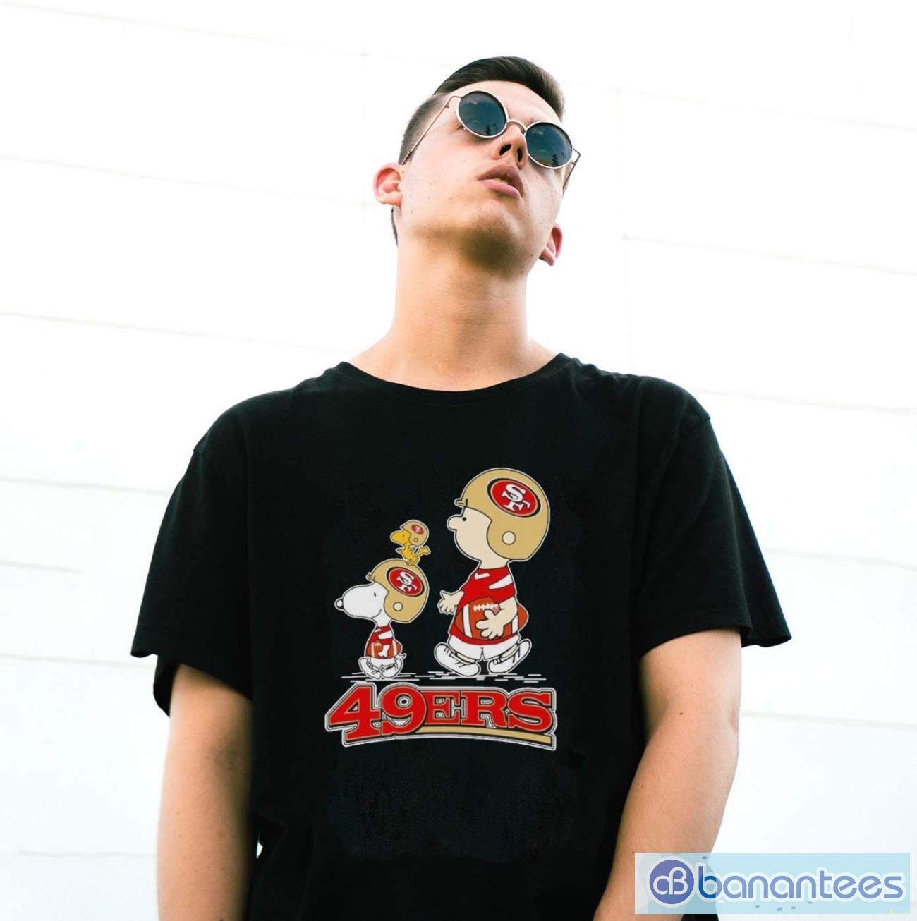 peanuts charlie brown snoopy and woodstock san francisco 49ers walking shirt 2 image Peanuts Charlie Brown Snoopy And Woodstock San Francisco 49ers Walking Shirt - G500 Gildan T-Shirt
