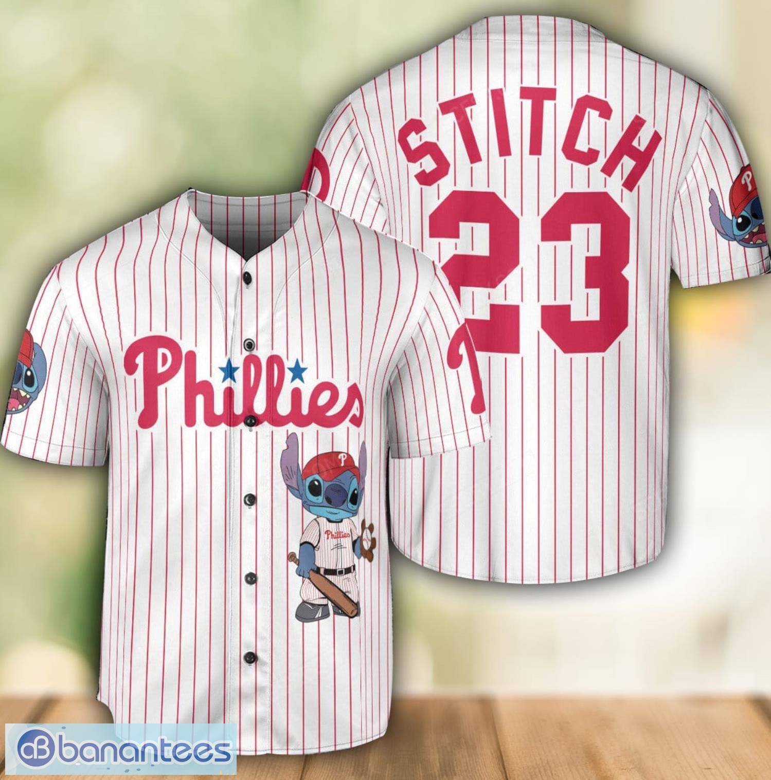 philadelphia phillies lilo and stitch white baseball jersey shirt for stitch lover custom name number image Philadelphia Phillies Lilo and Stitch White Baseball Jersey Shirt For Stitch Lover Custom Name Number Product Photo 1