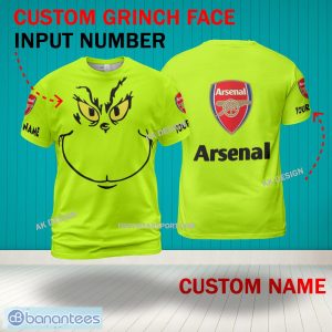 Grinch Face Arsenal 3D Hoodie, Zip Hoodie, Sweater Green AOP Custom Number And Name - Grinch Face EPL Arsenal 3D Shirt