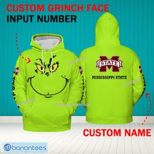 Grinch Face Mississippi State Bulldogs 3D Hoodie, Zip Hoodie, Sweater Green AOP Custom Number And Name - Grinch Face NCAA Mississippi State Bulldogs 3D Hoodie