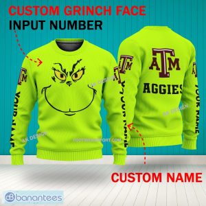 Grinch Face Texas A&M Aggies 3D Hoodie, Zip Hoodie, Sweater Green AOP Custom Number And Name - Grinch Face NCAA Texas A&M Aggies 3D Sweater