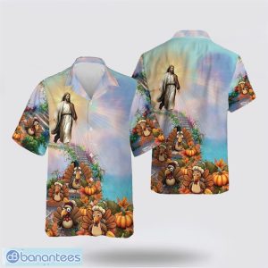 Jesus Walking Turkey And Pumpkin Pattern Hawaiian Shirt Holiday Summer Gift Product Photo 1