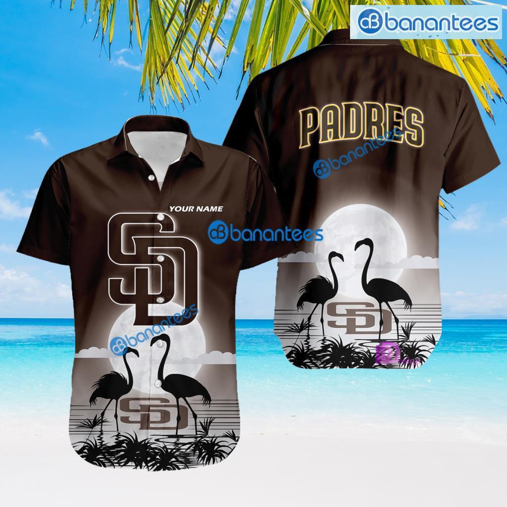San Diego Padres MLB Baseball Team With Flamingo Moon Pattern Button Down Hawaiian Shirt For Big Fans Custom Name Product Photo 1