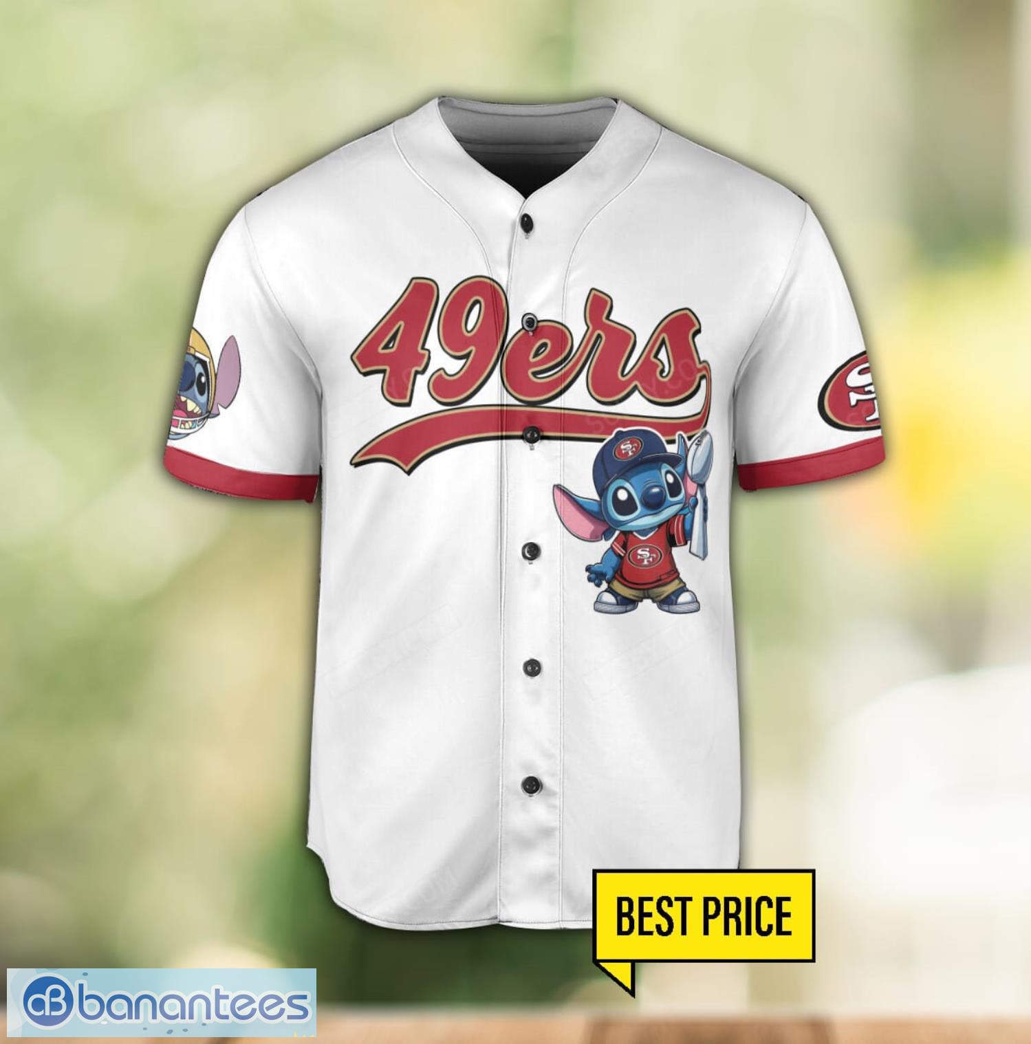 san francisco 49ers lilo and stitch champions white baseball jersey shirt for fans unique gift custom name number 1 image San Francisco 49ers Lilo and Stitch Champions White Baseball Jersey Shirt For Fans Unique Gift Custom Name Number Product Photo 2
