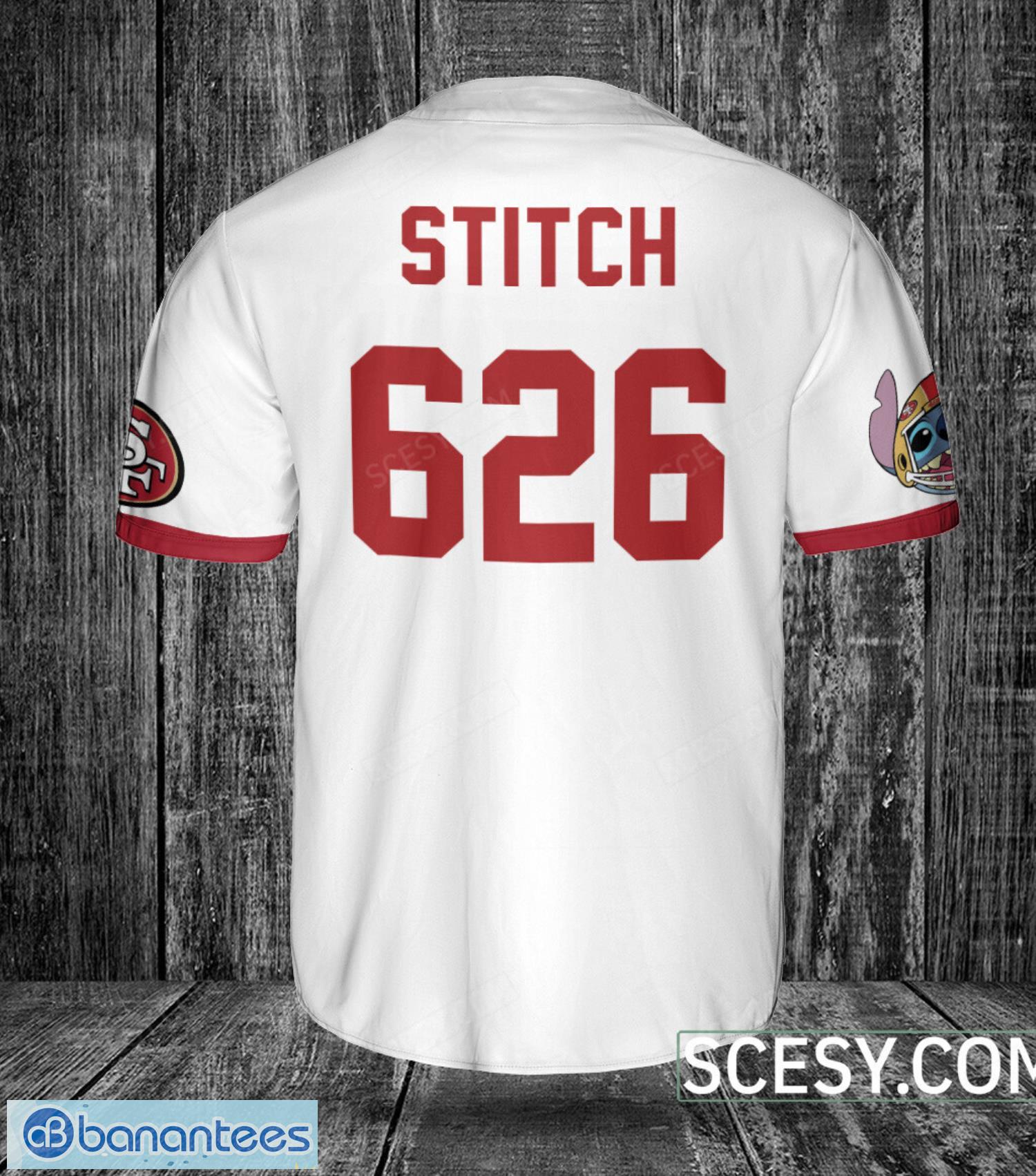 san francisco 49ers lilo and stitch white baseball jersey shirt for stitch lover custom name number 1 image San Francisco 49ers Lilo and Stitch White Baseball Jersey Shirt For Stitch Lover Custom Name Number Product Photo 2