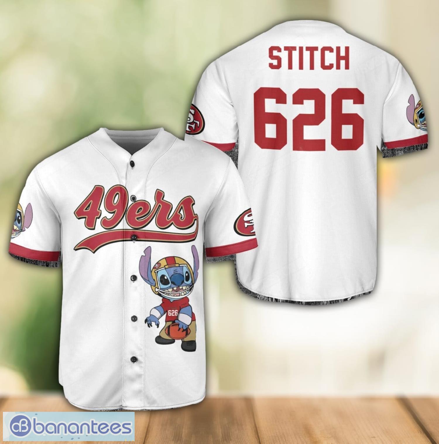 san francisco 49ers lilo and stitch white baseball jersey shirt for stitch lover custom name number image San Francisco 49ers Lilo and Stitch White Baseball Jersey Shirt For Stitch Lover Custom Name Number Product Photo 1