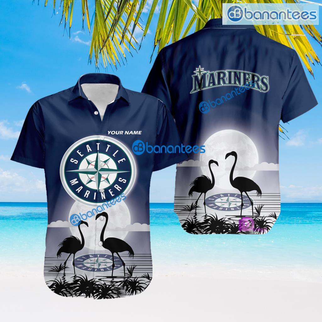 Seattle Mariners MLB Baseball Team With Flamingo Moon Pattern Button Down Hawaiian Shirt For Big Fans Custom Name Product Photo 1
