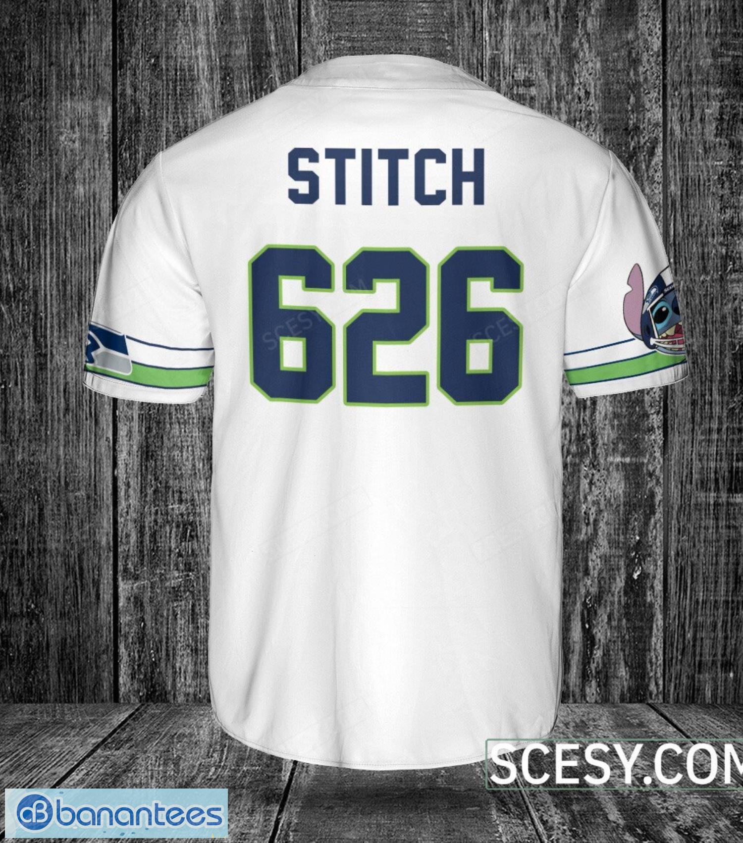 seattle seahawks lilo and stitch white baseball jersey shirt for stitch lover custom name number image Seattle Seahawks Lilo and Stitch White Baseball Jersey Shirt For Stitch Lover Custom Name Number Product Photo 1