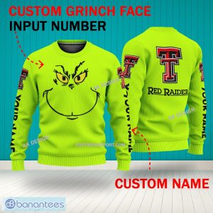 Grinch Face Texas Tech Red Raiders 3D Hoodie, Zip Hoodie, Sweater Green AOP Custom Number And Name - Grinch Face NCAA Texas Tech Red Raiders 3D Sweater