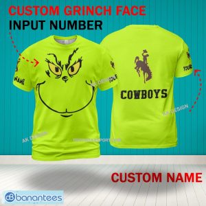 Grinch Face Wyoming Cowboys 3D Hoodie, Zip Hoodie, Sweater Green AOP Custom Number And Name - Grinch Face NCAA Wyoming Cowboys 3D Shirt