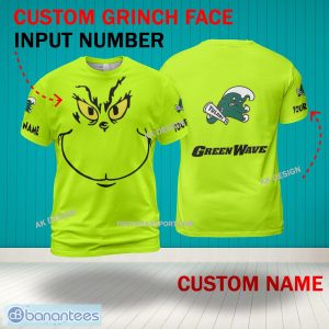 Grinch Face Tulane Green Wave 3D Hoodie, Zip Hoodie, Sweater Green AOP Custom Number And Name - Grinch Face NCAA Tulane Green Wave 3D Shirt