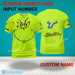 Grinch Face South Florida Bulls 3D Hoodie, Zip Hoodie, Sweater Green AOP Custom Number And Name - Grinch Face NCAA South Florida Bulls 3D Shirt