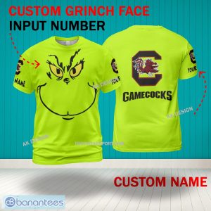 Grinch Face South Carolina Gamecocks 3D Hoodie, Zip Hoodie, Sweater Green AOP Custom Number And Name - Grinch Face NCAA South Carolina Gamecocks 3D Shirt