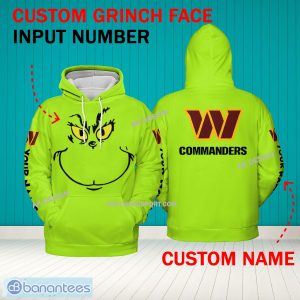 Grinch Face Washington Commanders 3D Hoodie, Zip Hoodie, Sweater Green AOP Custom Number And Name - Grinch Face NFL Washington Commanders 3D Hoodie
