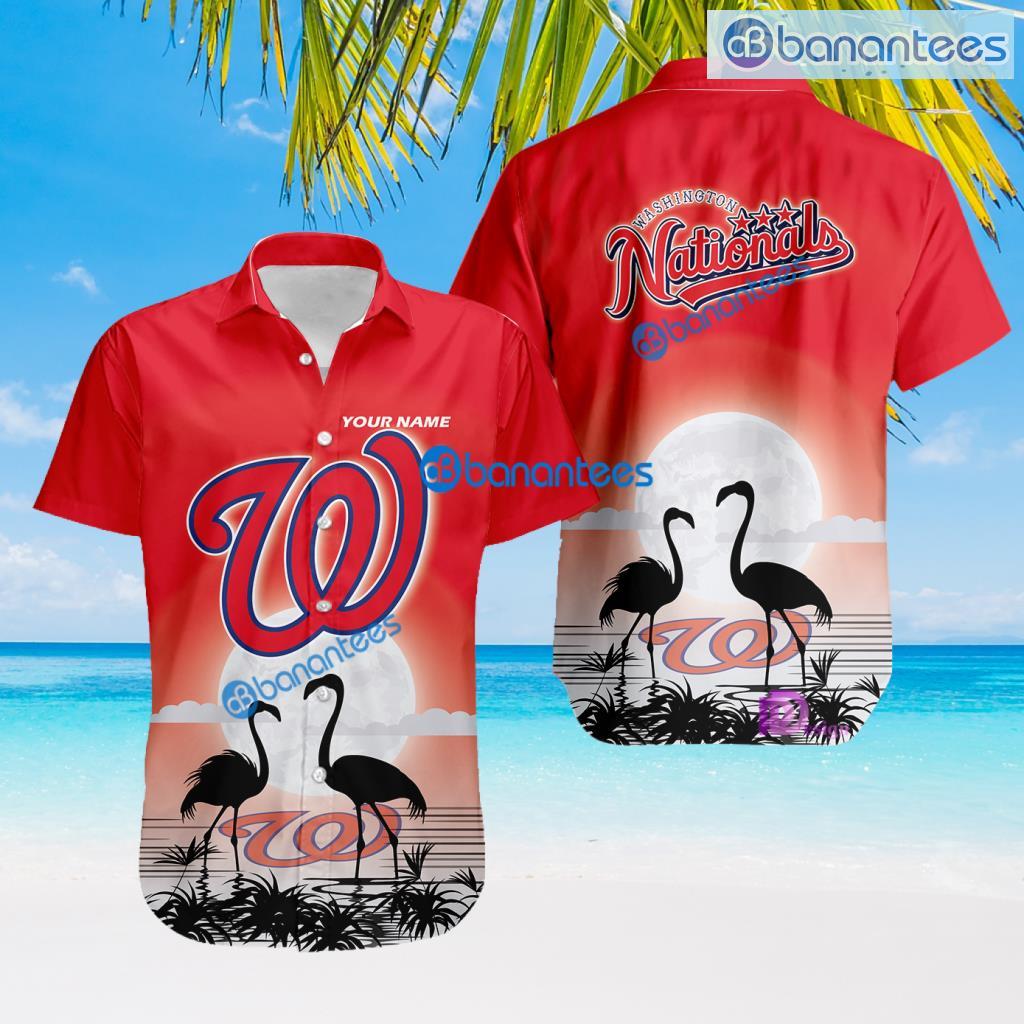 Washington Nationals MLB Baseball Team With Flamingo Moon Pattern Button Down Hawaiian Shirt For Big Fans Custom Name Product Photo 1