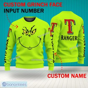 Grinch Face Texas Rangers 3D Hoodie, Zip Hoodie, Sweater Green AOP Custom Number And Name - Grinch Face MLB Texas Rangers 3D Sweater