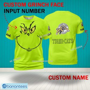 Grinch Face Hamilton Tiger Cats 3D Hoodie, Zip Hoodie, Sweater Green AOP Custom Number And Name - Grinch Face CFL Hamilton Tiger Cats 3D Shirt