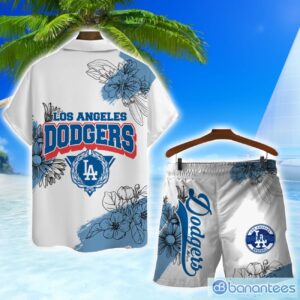 Los Angeles Dodgers Team Logo Pattern White Background 3D Hawaiian Shirt And Shorts Product Photo 2