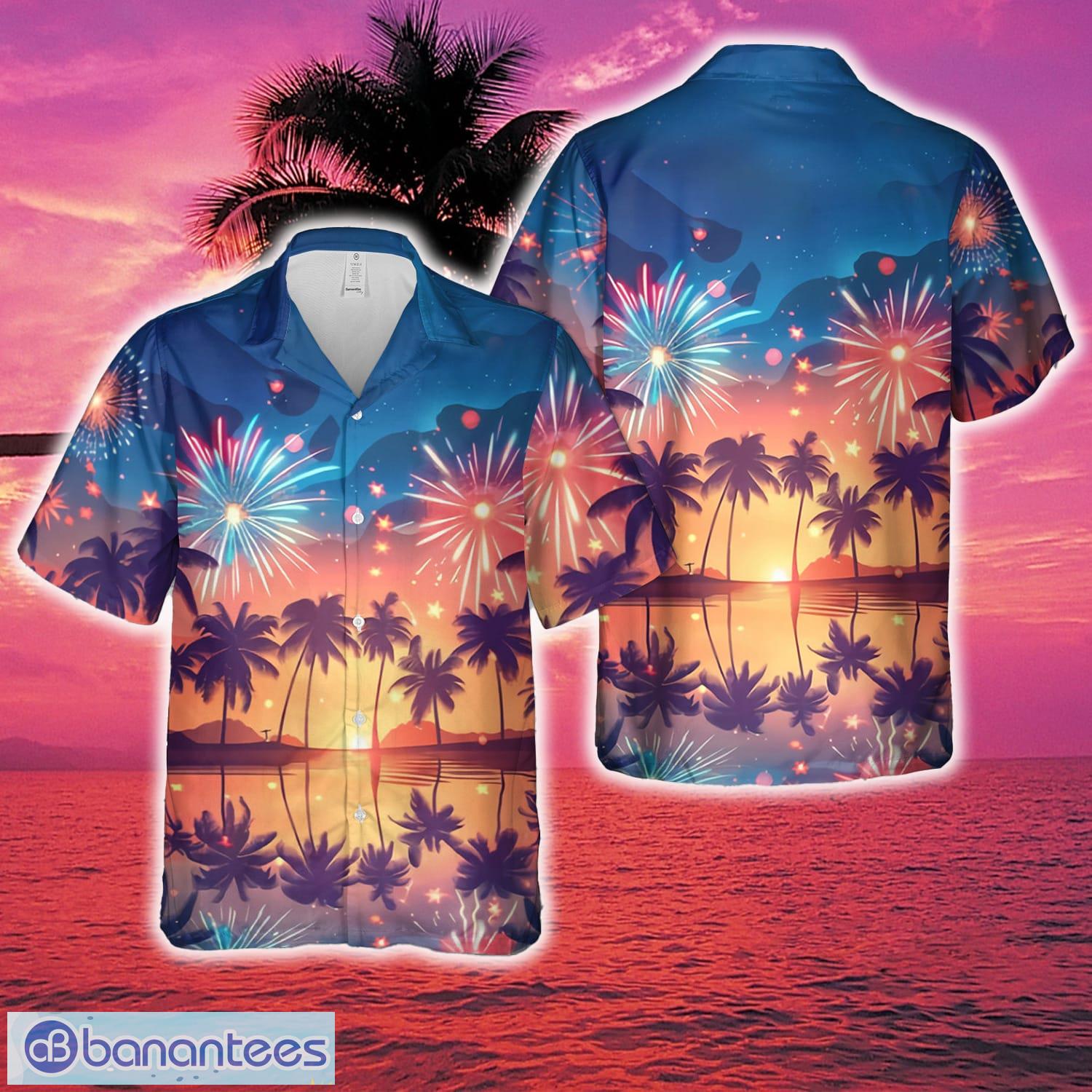 4th of july beach party with fireworks over palm trees and the ocean hawaiian shirt for men women summer image 4th Of July Beach Party With Fireworks Over Palm Trees And The Ocean Hawaiian Shirt For Men Women Summer - 4th Of July Beach Party With Fireworks Over Palm Trees And The Ocean Hawaiian Shirt For Men Women Summer