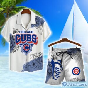 Chicago Cubs Team Logo Pattern White Background 3D Hawaiian Shirt And Shorts Product Photo 1
