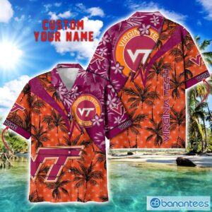 Virginia Tech Hokies Hawaii Shirt Vintage coconut Pattern Tropical Hawaiian Football Beach Shirts Custom Name Product Photo 1