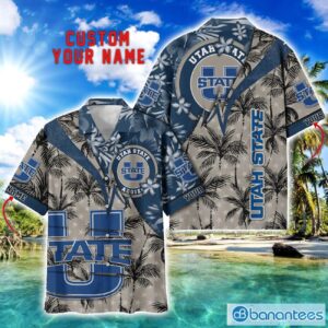 Utah State Aggies Hawaii Shirt Vintage coconut Pattern Tropical Hawaiian Football Beach Shirts Custom Name Product Photo 1