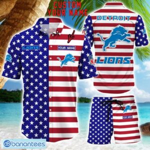 Detroit Lions Hawaiian Shirt And Shorts Custom Name NFL American Flag Holiday Gift Product Photo 1