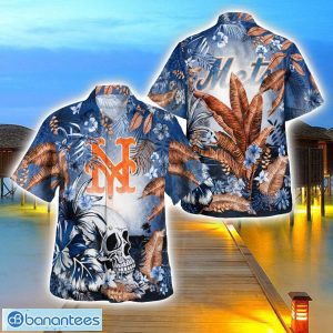 New York Mets Tropical Floral Skull 3D Hawaiian Shirt Beach Shirt Halloween Gift Product Photo 1