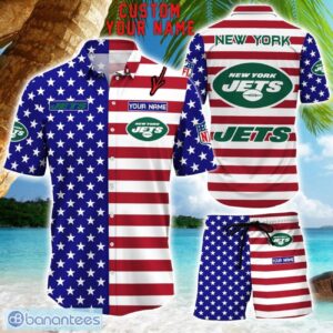 New York Jets Hawaiian Shirt And Shorts Custom Name NFL American Flag Holiday Gift Product Photo 1