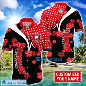 Wisconsin Badgers Star and Flower Pattern Tropical Hawaiian Shirt Summer Gift For Men Women Custom Name Product Photo 1