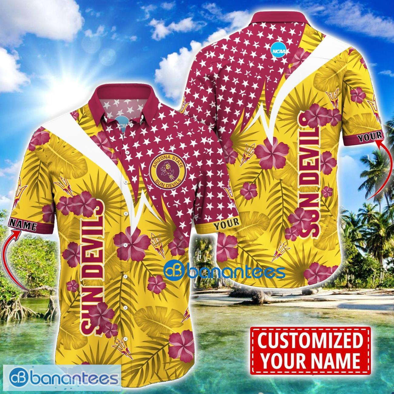arizona state sun devils star and flower pattern tropical hawaiian shirt summer gift for men women custom name image Arizona State Sun Devils Star and Flower Pattern Tropical Hawaiian Shirt Summer Gift For Men Women Custom Name Product Photo 1