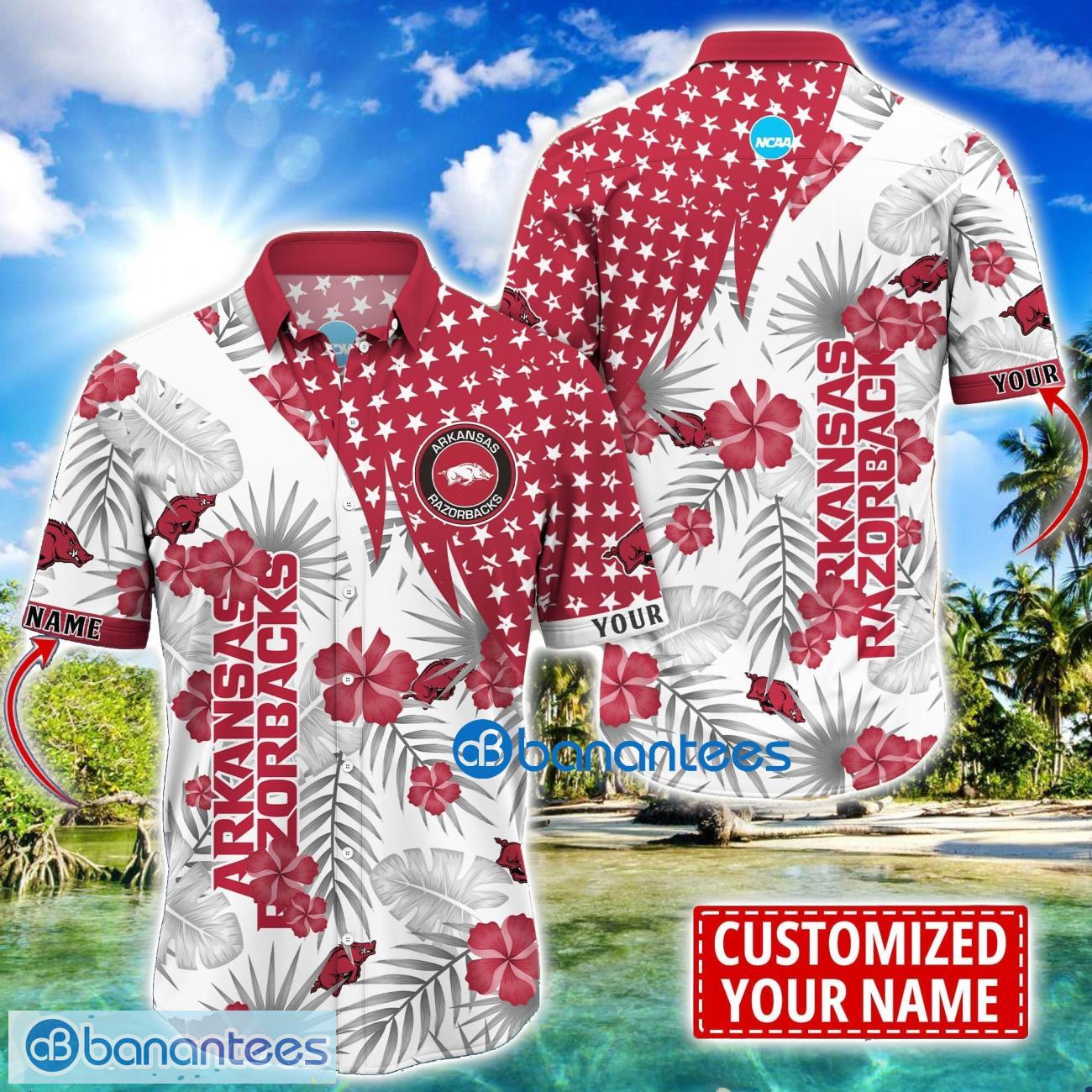 arkansas razorbacks star and flower pattern tropical hawaiian shirt summer gift for men women custom name image Arkansas Razorbacks Star and Flower Pattern Tropical Hawaiian Shirt Summer Gift For Men Women Custom Name Product Photo 1