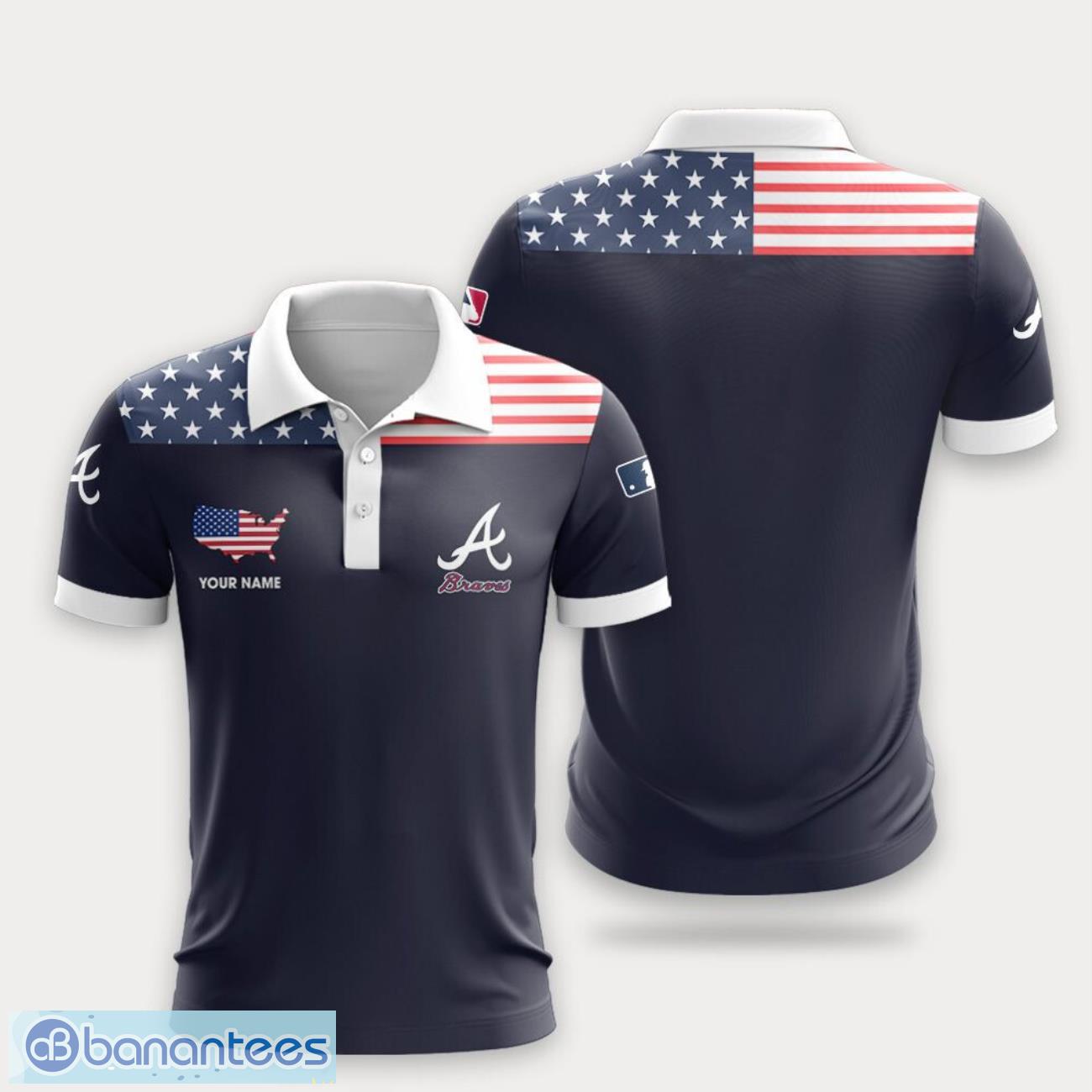 atlanta braves flag pattern and sport team logo 3d polo shirt custom name for fans image Atlanta Braves Flag Pattern And Sport Team Logo 3D Polo Shirt Custom Name For Fans Product Photo 1