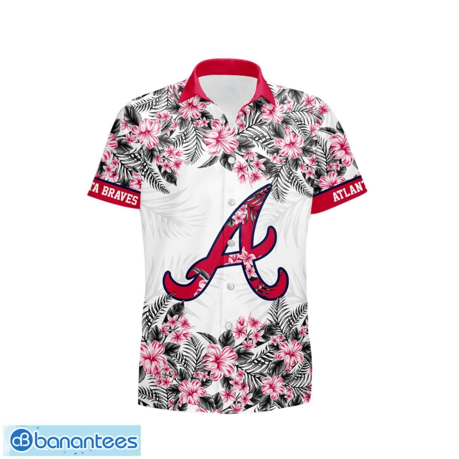 atlanta braves hibiscus plumeria flower 3d printed hawaiian shirt white 1 image Atlanta Braves Hibiscus Plumeria Flower 3D Printed Hawaiian Shirt - White Product Photo 2