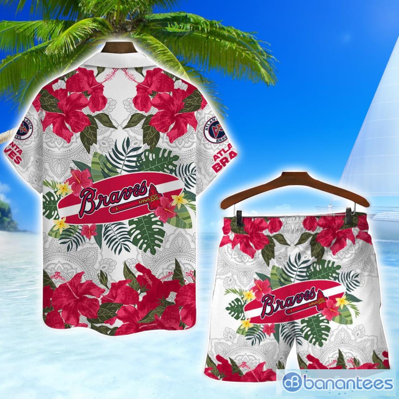atlanta braves mlb summer flower pattern tropical hawaiian shirt and shorts 1 image Atlanta Braves MLB Summer Flower Pattern Tropical Hawaiian Shirt And Shorts Product Photo 2