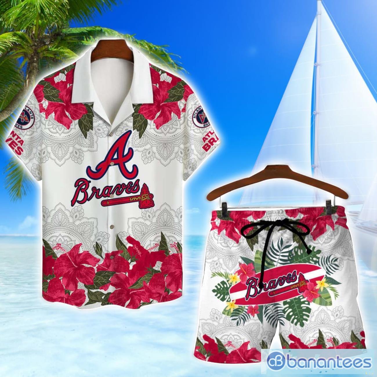 atlanta braves mlb summer flower pattern tropical hawaiian shirt and shorts image Atlanta Braves MLB Summer Flower Pattern Tropical Hawaiian Shirt And Shorts Product Photo 1