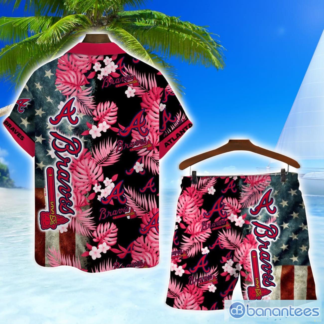 atlanta braves mlb us flag summer tropical hawaiian shirt and shorts 1 image Atlanta Braves MLB US Flag Summer Tropical Hawaiian Shirt And Shorts Product Photo 2