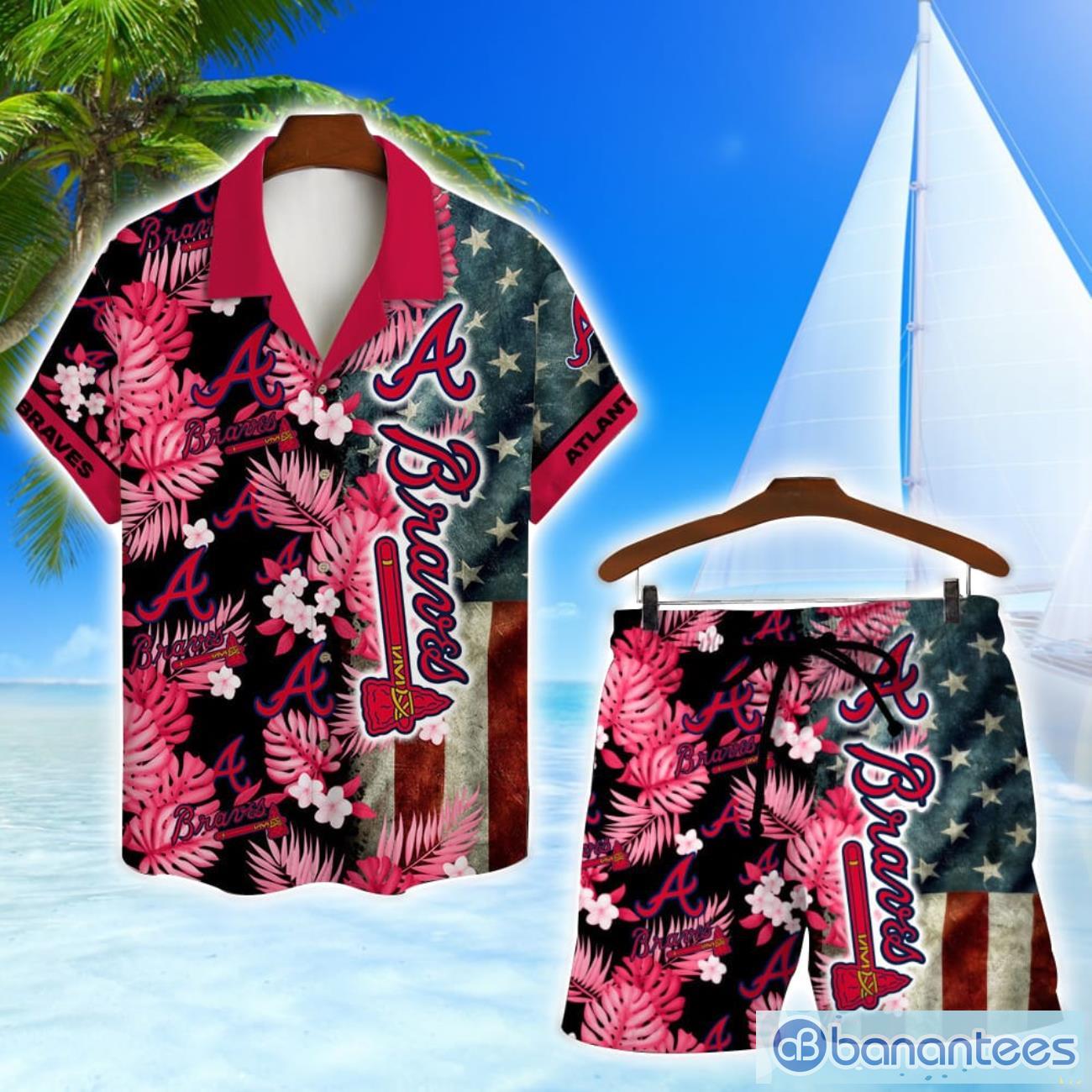 atlanta braves mlb us flag summer tropical hawaiian shirt and shorts image Atlanta Braves MLB US Flag Summer Tropical Hawaiian Shirt And Shorts Product Photo 1