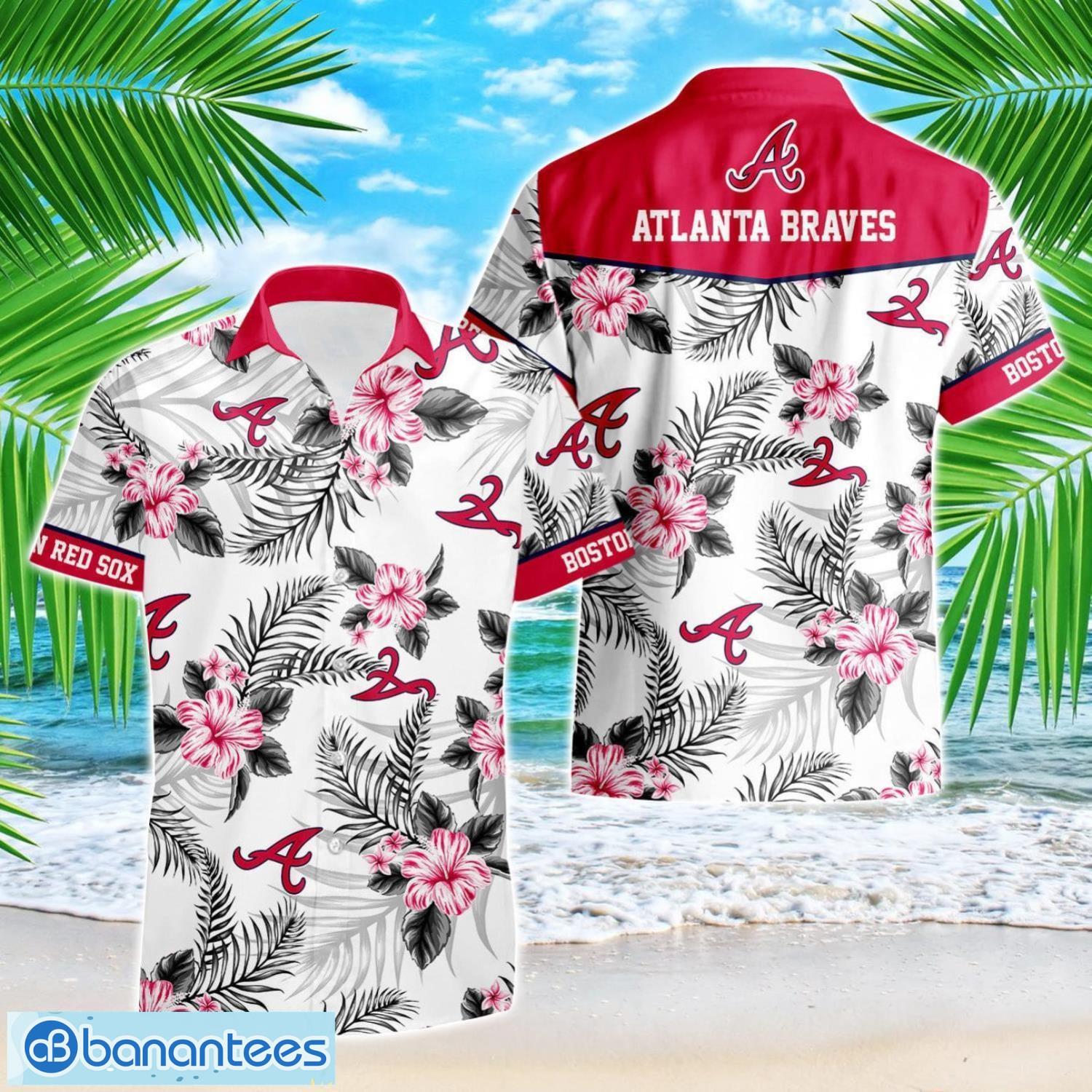 atlanta braves tropical floral logo hawaiian shirt image Atlanta Braves Tropical Floral Logo Hawaiian Shirt Product Photo 1