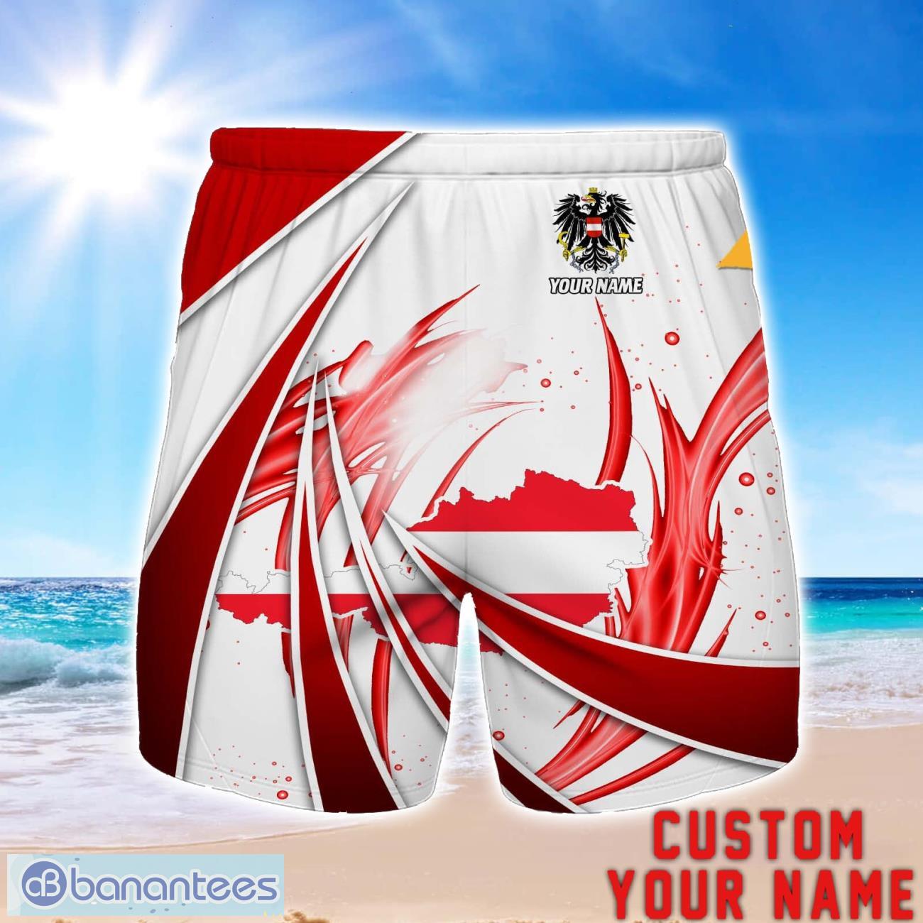 austria national football team personalized name 3d beach short summer gift ideas image Austria national football team Personalized Name 3D Beach Short Summer Gift Ideas Product Photo 1