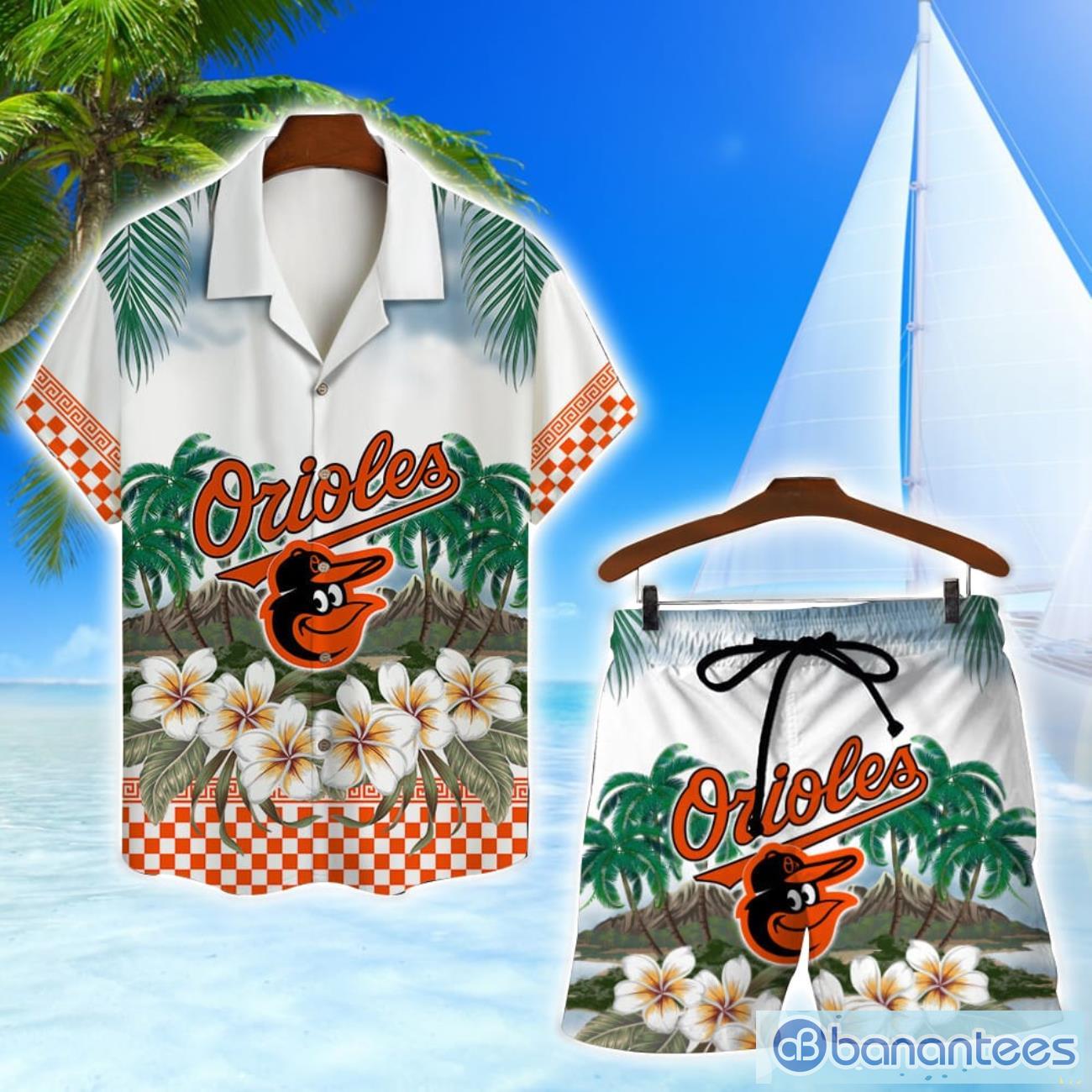 baltimore orioles team logo flower hawaiian shirt and shorts beach gift image Baltimore Orioles Team Logo Flower Hawaiian Shirt And Shorts Beach Gift Product Photo 1